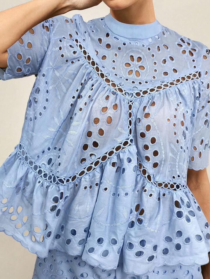 CM-SS474340 Women Casual Seoul Style Hollow Out Embroidered Loose Blouse With Wide Loose Shorts - Set