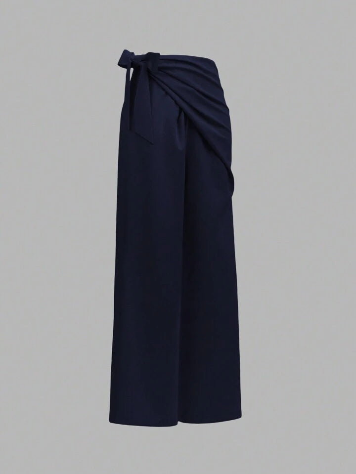 CM-BS776837 Women Casual Seoul Style High Waist Linen-Like Tie Waist Wide Leg Pants - Navy Blue