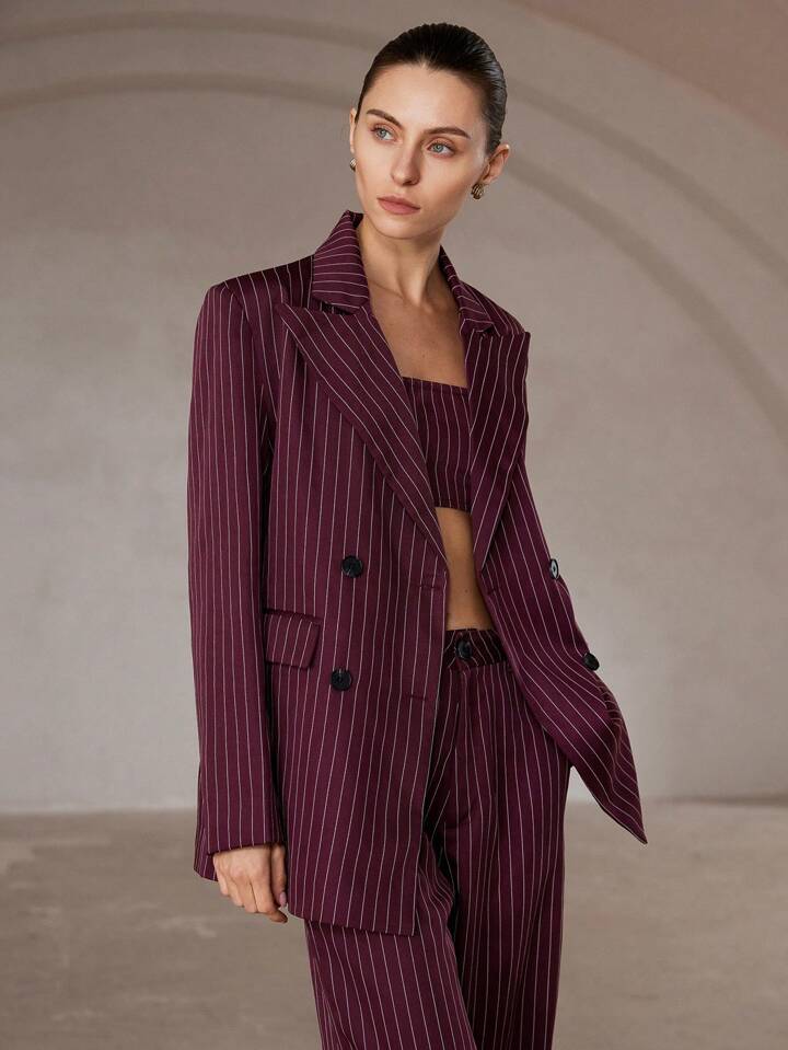 CM-SS233695 Women Elegant Seoul Stripe Print Double Button Long Sleeve Jacket And Pants Suit With Inner Cami - Set