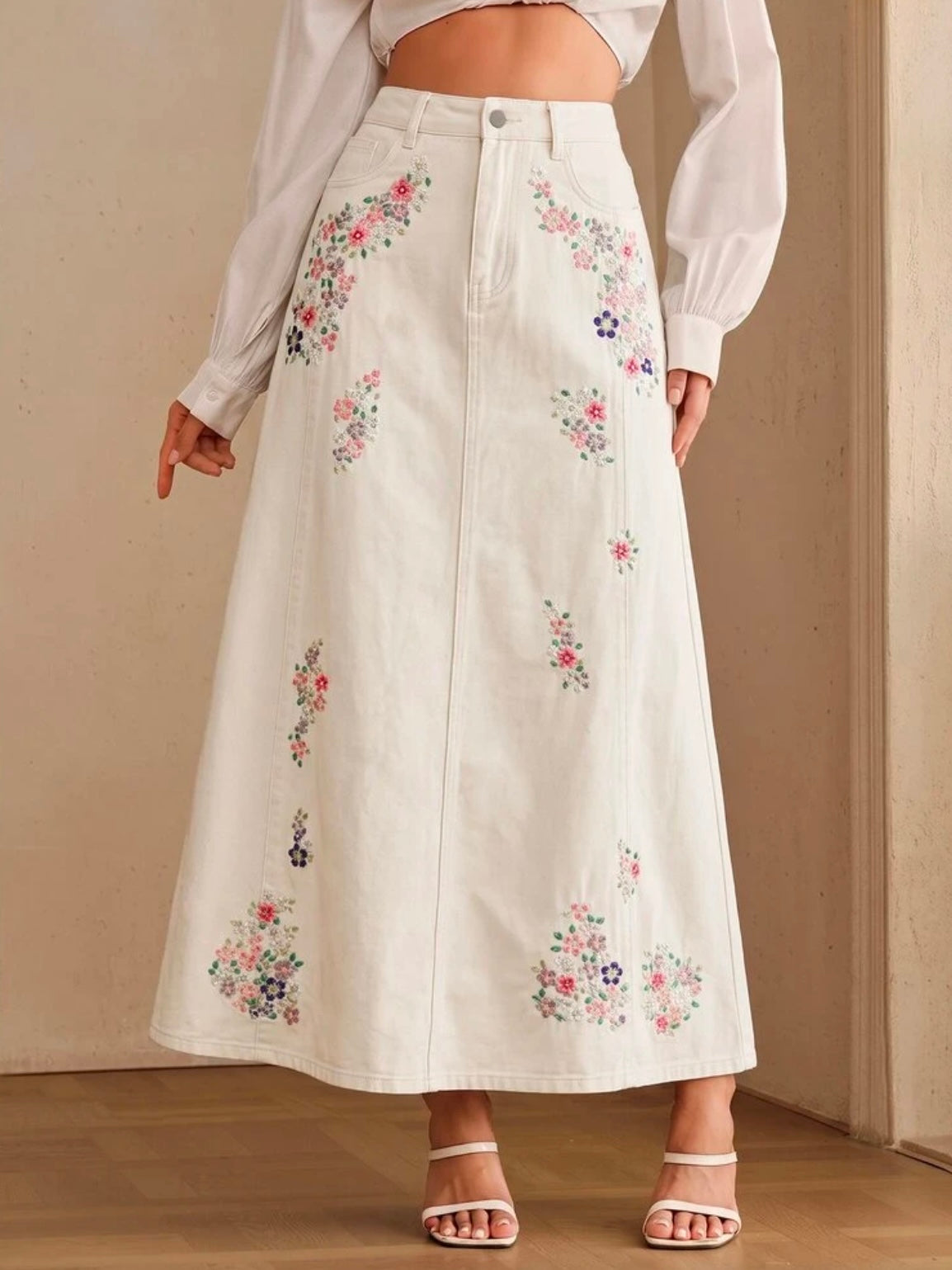 CM-BS268706 Women Casual Seoul Style Mid Waist Embroidery Slimming Design Split A-Line Denim Skirt - White