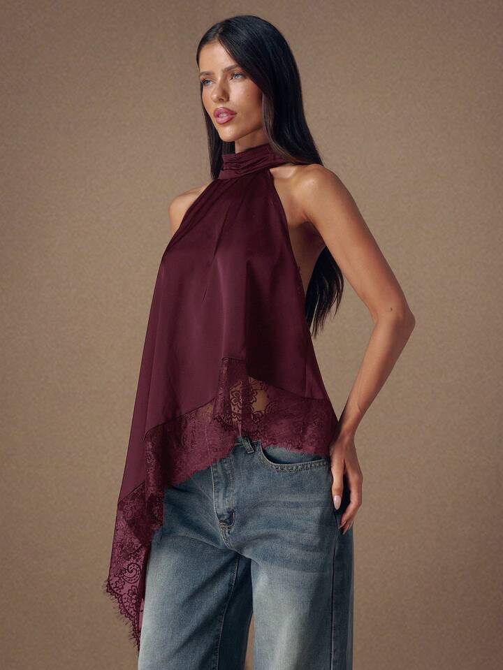 CM-TS449930 Women Elegant Seoul Style Lace Satin Patchwork Sleeveless Trim Backless Camisole Top - Maroon