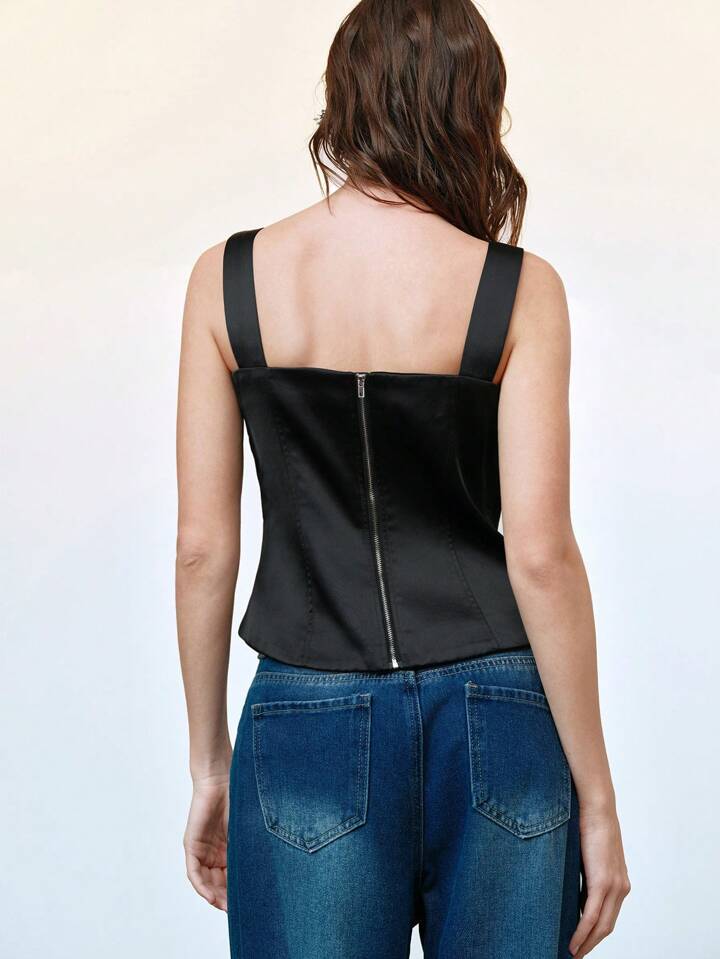 CM-TS169119 Women Casual Seoul Style Straps Sleeveless Hollow Rhinestone Decor Satin Tank Top - Black