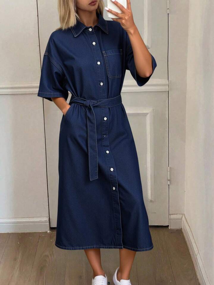 CM-DS384292 Women Casual Seoul Style Dark Wash Collar Neckline Short Sleeve Front Button Oversized Denim Dress