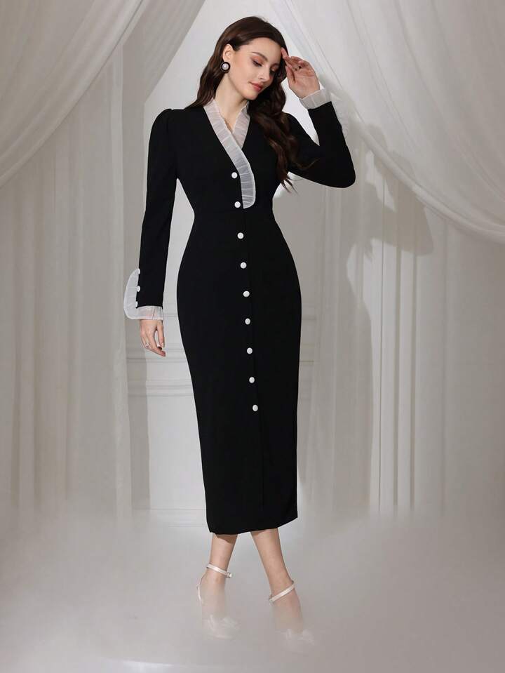 CM-DS799859 Women Elegant Seoul Style V-Neck Puff Sleeve Colorblock Long Bodycon Dress - Black