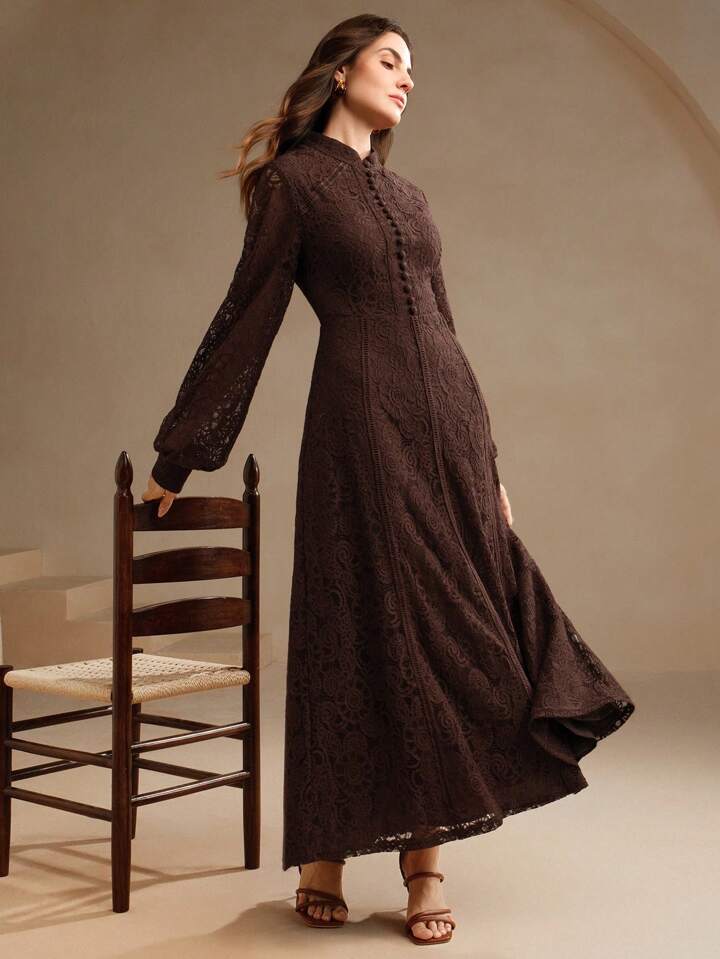 CM-DS200661 Women Elegant Seoul Style Lace Mandarin Collar Long Sleeve A-Line Dress - Brown
