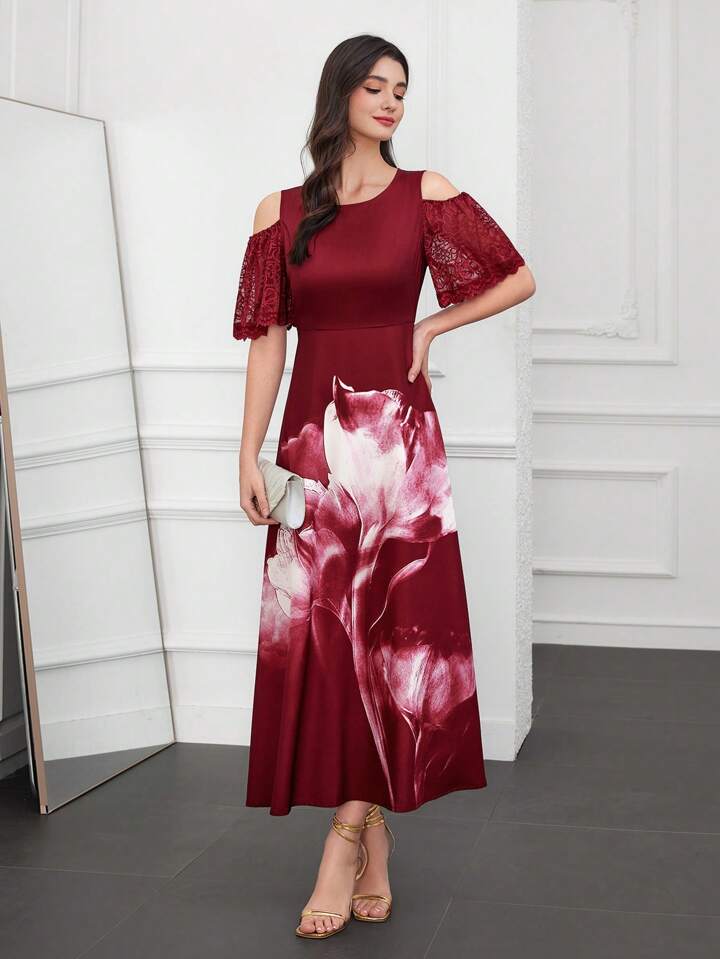 CM-DS943716 Women Elegant Seoul Style Asymmetrical Neck Floral Printed Off-Shoulder A-Line Dress