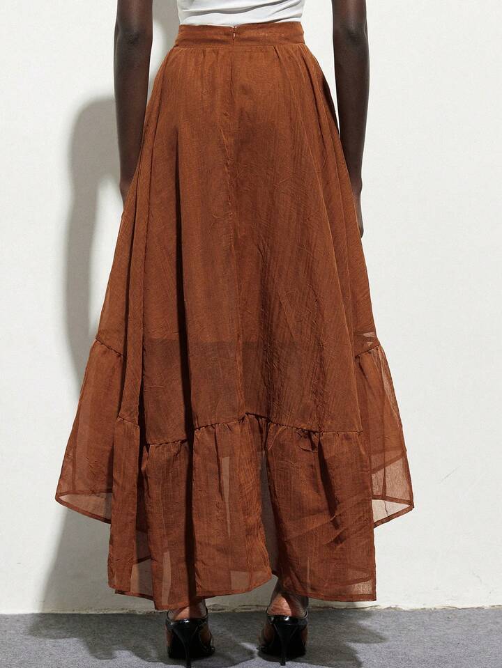 CM-BS228766 Women Casual Seoul Style High Waisted Puffed Layered Ruffle Hem A-Line Skirt - Coffee Brown