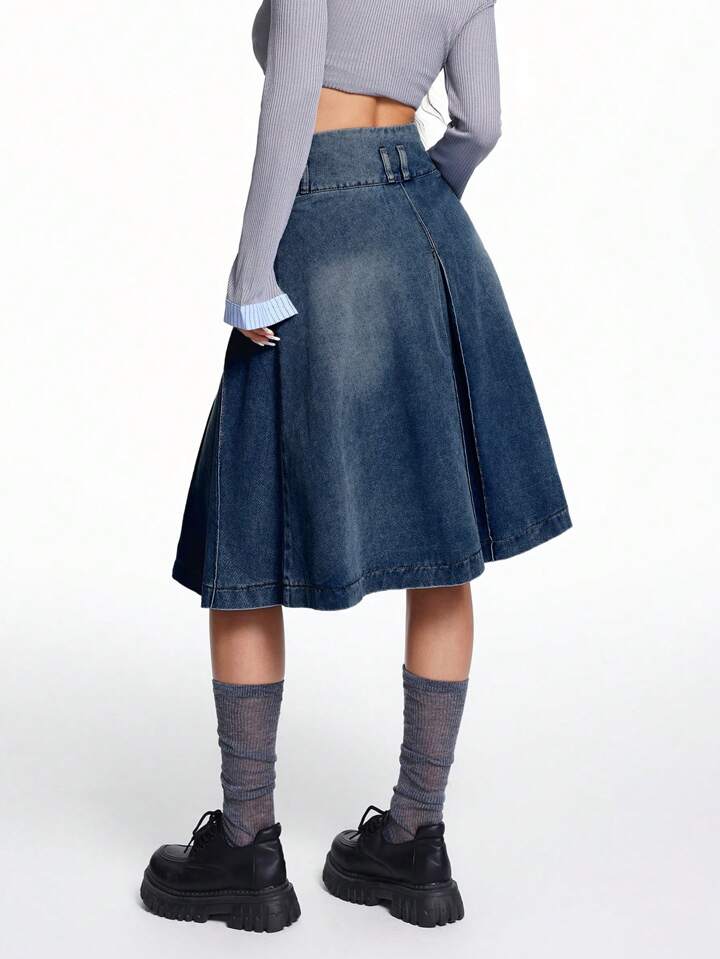 CM-BS434184 Women Casual Seoul Style Dark Wash Knee Length Denim A-Line Pleated Skirt