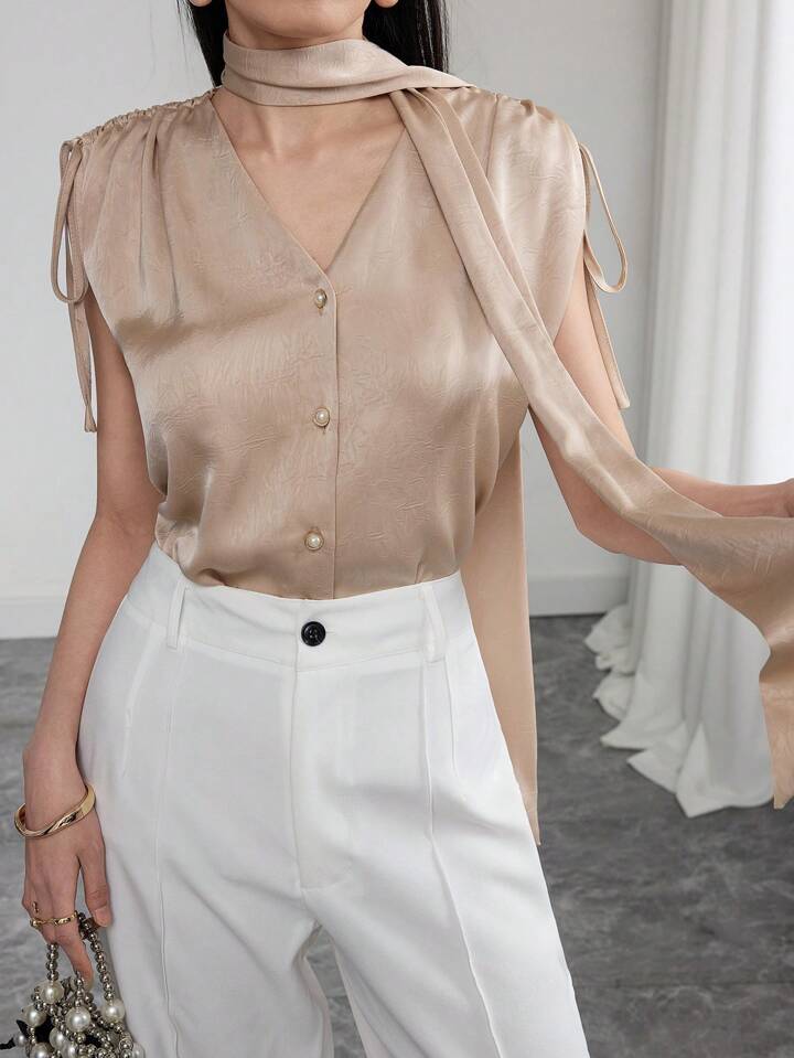CM-TS690870 Women Elegant Seoul Style Solid Color Ruched Shoulder Tie Front Short Sleeve Blouse