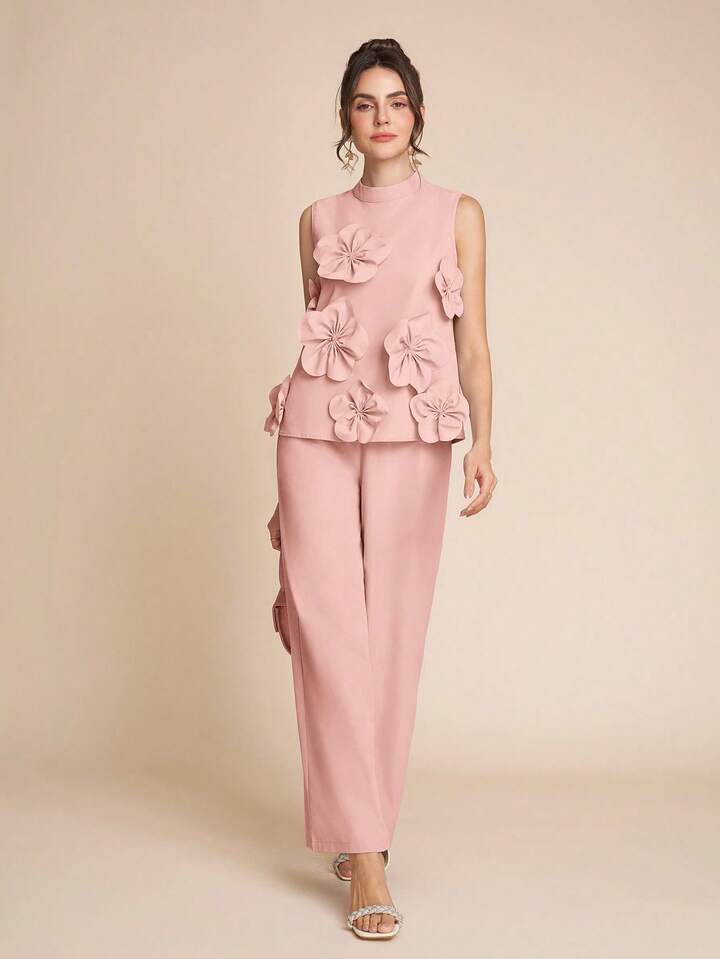 CM-SS304539 Women Elegant Seoul Style Stand Colllar Sleeveless 3D Floral Decor Top With Wide Leg Pants - Set