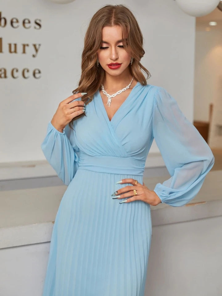 CM-DS934654 Women Elegant Seoul Style Surplice V-Neck High Waist Pleated Hem A-Line Dress - Baby Blue