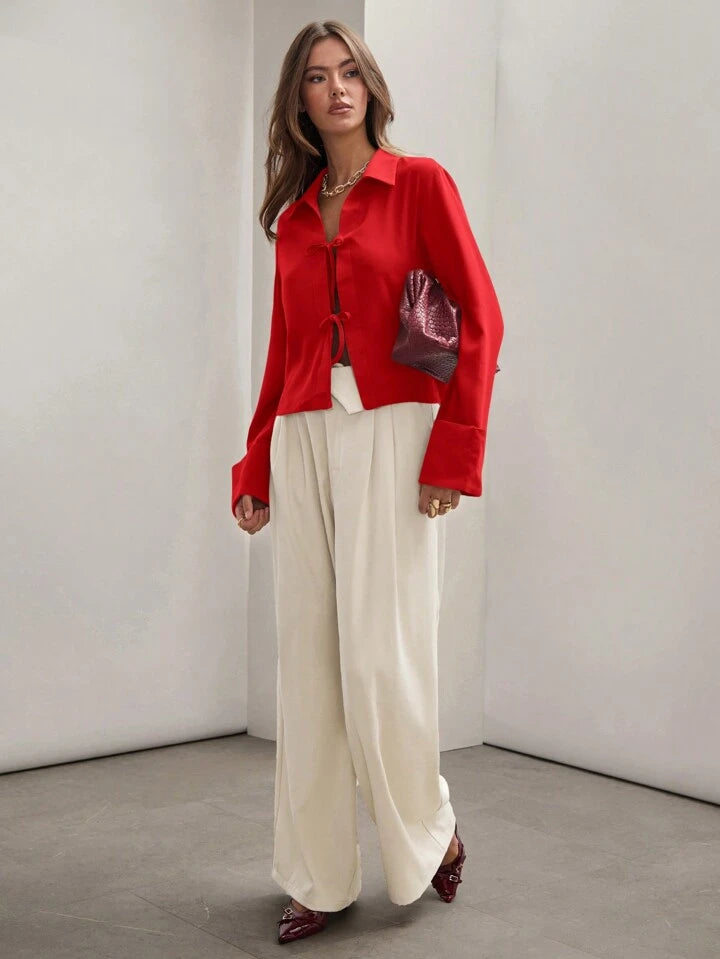 CM-TS896830 Women Trendy Bohemian Style Shirt Collar Front Tie Long Sleeve Shirt - Red