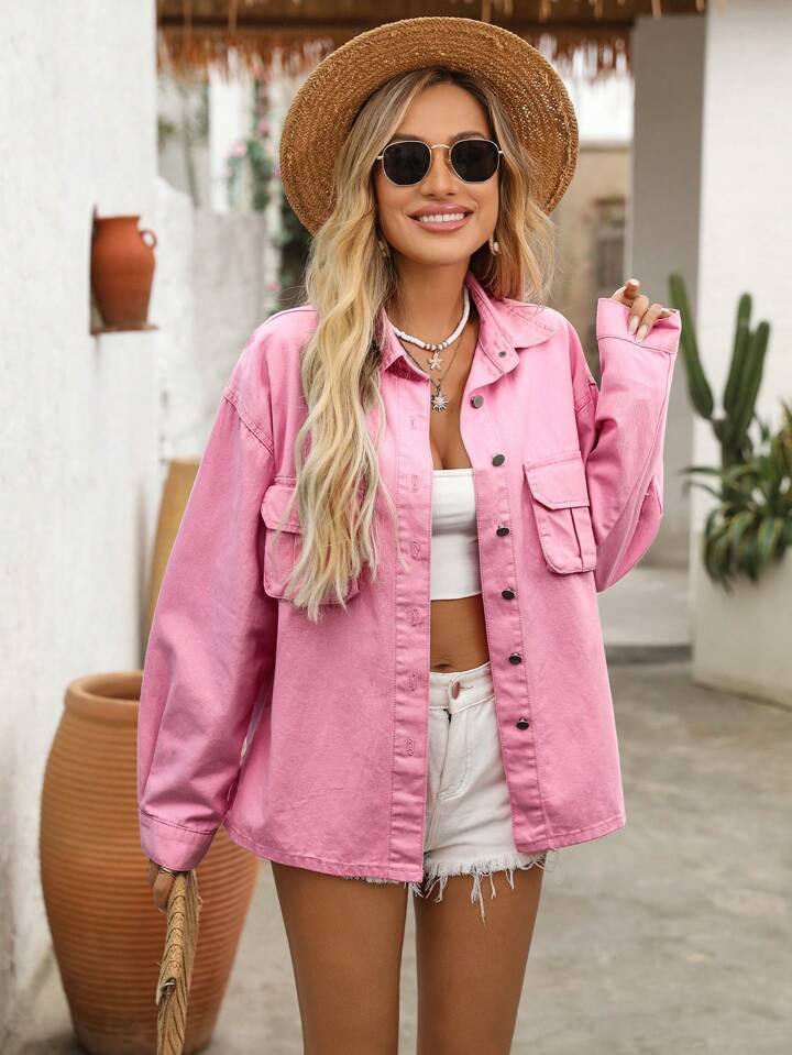 CM-CS434495 Women Casual Seoul Style Solid Color Front Button Pockets Long Sleeve Denim Jacket - Pink