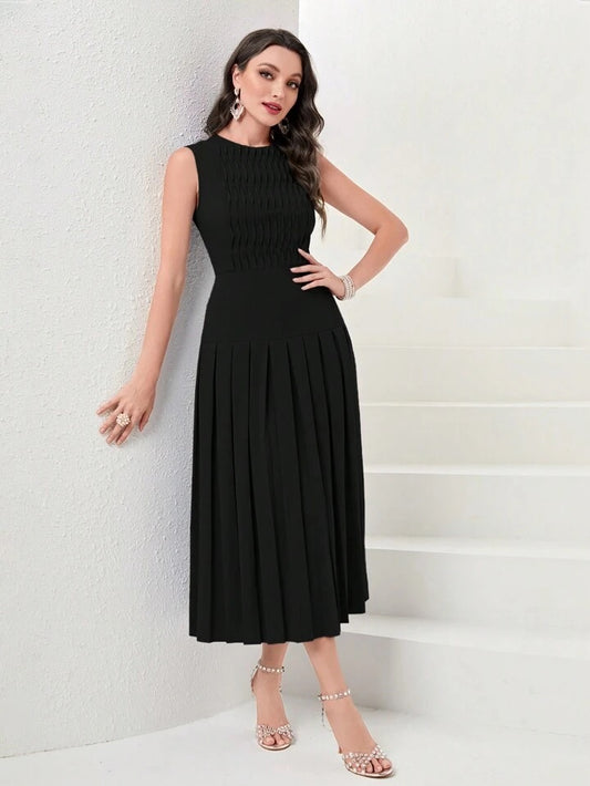 CM-DS703515 Women Elegant Seoul Style Sleeveless Solid Pleated Hem Dress - Black