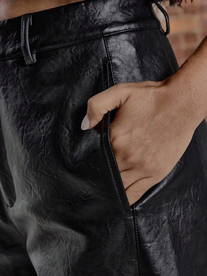 CM-BS001657 Women Elegant Seoul Style Faux Leather Wide Leg Mid Waist Trouser - Black