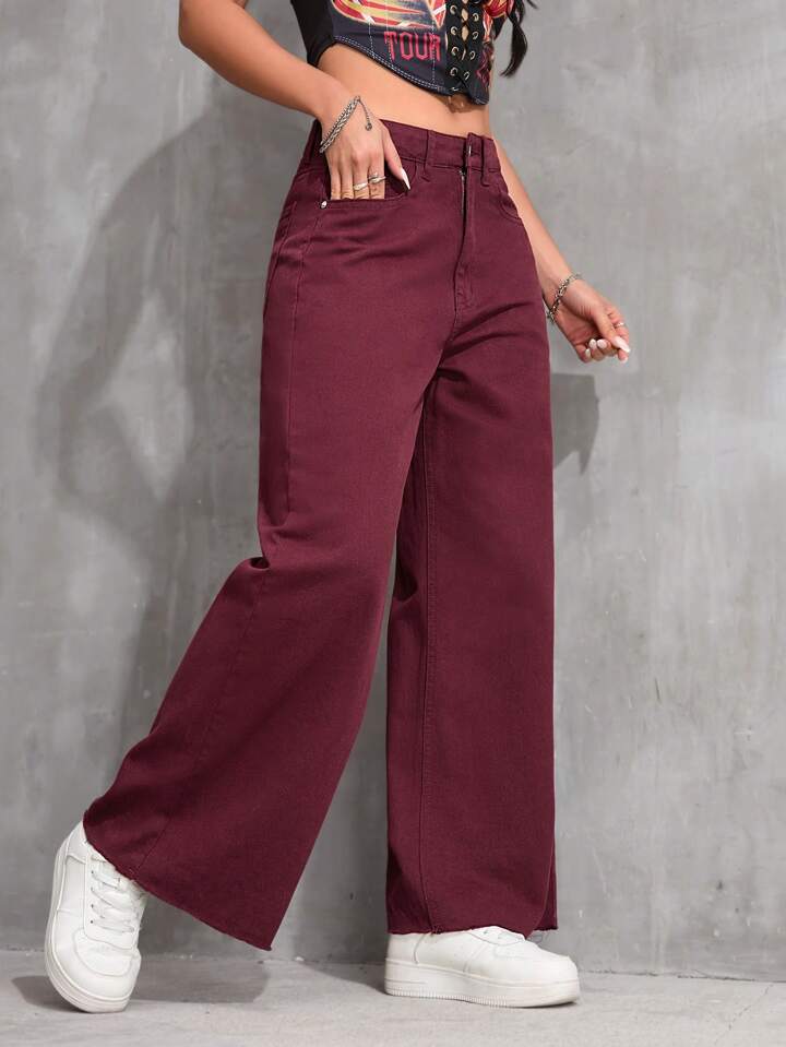 CM-BS311211 Women Casual Seoul Style Solid Color High Waist Wide Leg Jeans - Burgundy