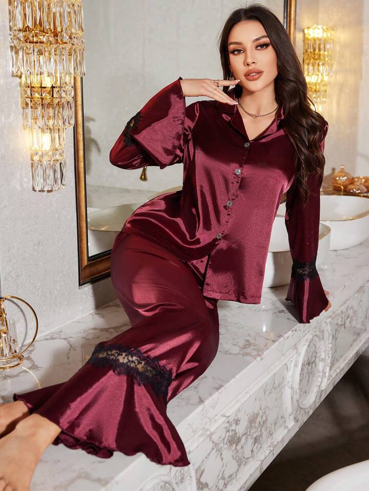 CM-LS104802 Women Trendy Seoul Style Lapel Neckline Lace Trim Cardigan Sleepwear Set - Burgundy