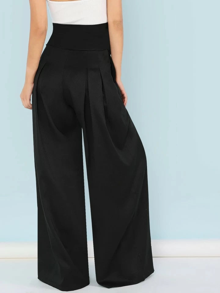 CM-BS518711 Women Elegant Seoul Style Self Belted Box Pleated Palazzo Pants - Black