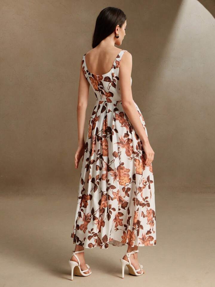 CM-DS918886 Women Elegant Seoul Style Floral Print Sleeveless High Waist Pleated Slip Dress - Khaki