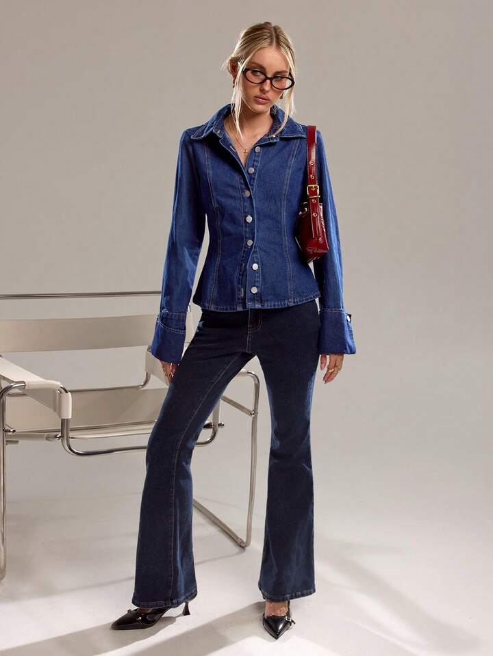 CM-CS618251 Women Casual Seoul Style Collar Neckline Single Breasted Long Sleeve Denim Jacket - Blue