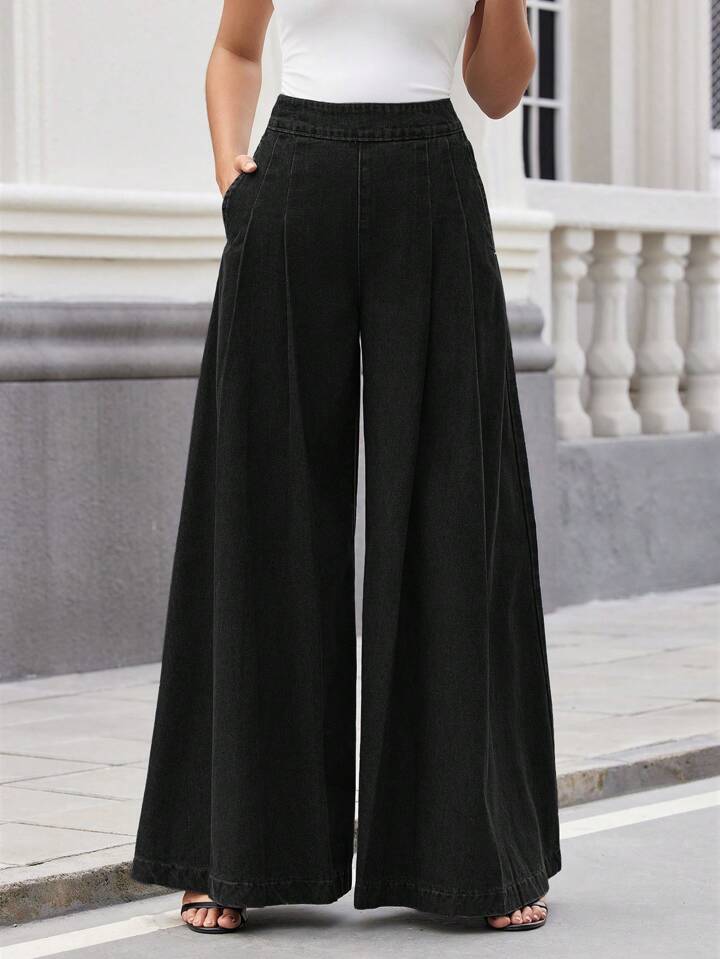 CM-BS084322 Women Casual Seoul Style High Waist Pleated Wide-Leg Jeans - Black