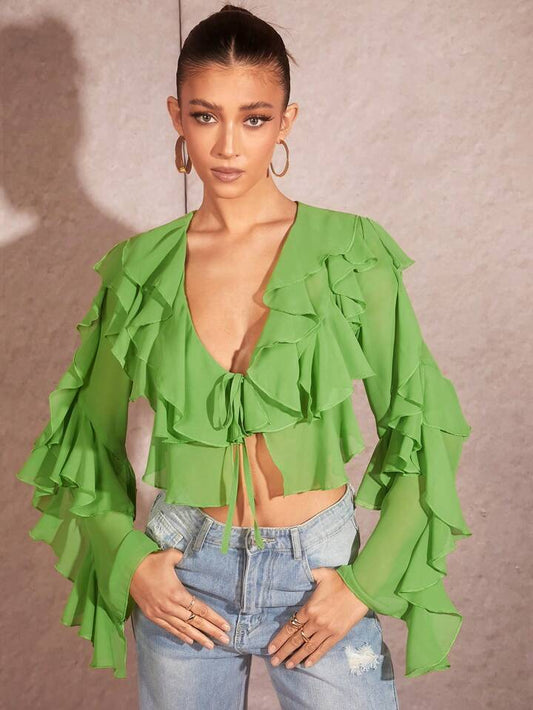 CM-TS689877 Women Casual Seoul Style V-Neck Tie Front Ruffle Hem Sheer Blouse - Green