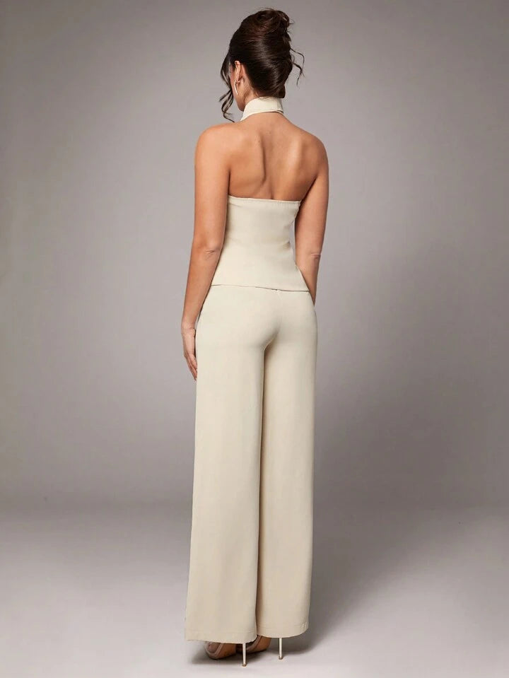 CM-SS288971 Women Elegant Seoul Style Sleeveless Metal Buckle Slim Halter Top With Pants Suit - Apricot