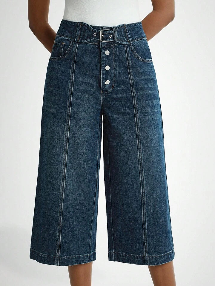 CM-BS200792 Women Casual Seoul Style Button Front Pocket Wide Leg Loose 7/8 Length Jeans