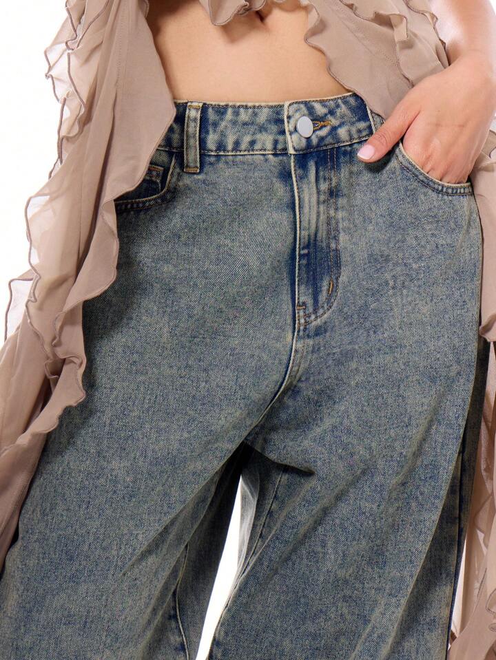 CM-BS260026 Women Casual Seoul Style Low Rise Drop Waist Washed Denim Trousers