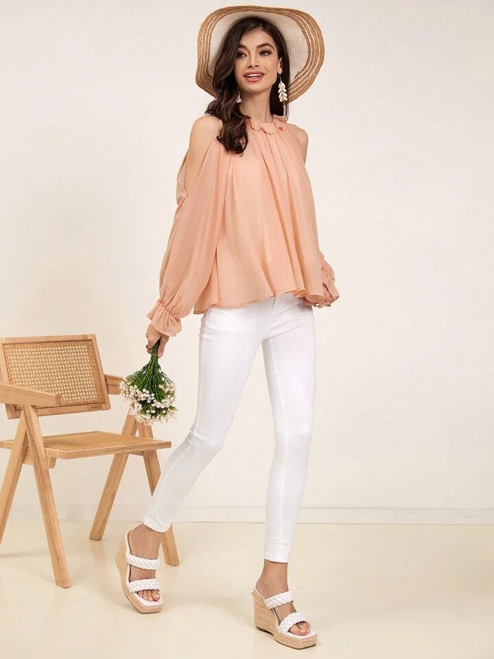 CM-TS099777 Women Casual Seoul Style Hollow Out Shoulder Flare Sleeve Blouse - Orange