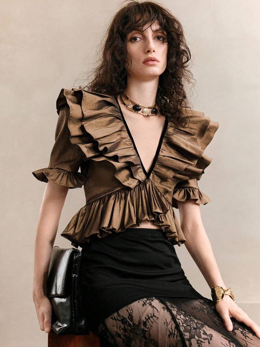 CM-TS736991 Women Elegant Seoul Style Metallic Luster Fabric One-Shoulder Multi-Layered Ruffled V-Neck Short Shirt