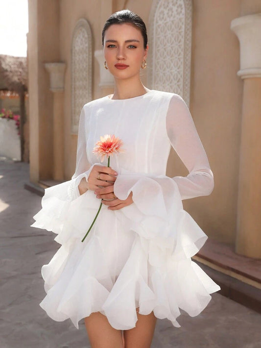 CM-DS966733 Women Elegant Seoul Style High-End Frilled Hem Flared Sleeve Short Dress