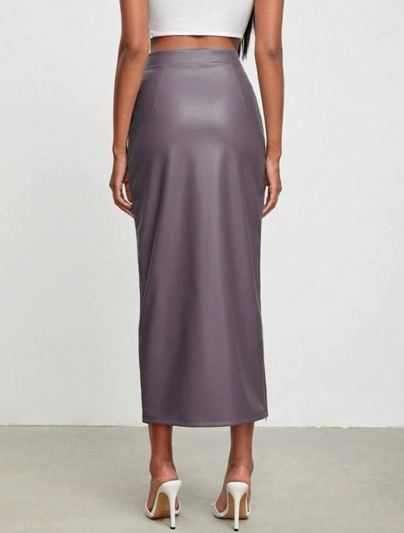 CM-BS018203 Women Elegant Seoul Style High Waist Split Thigh PU Leather Skirt - Purple