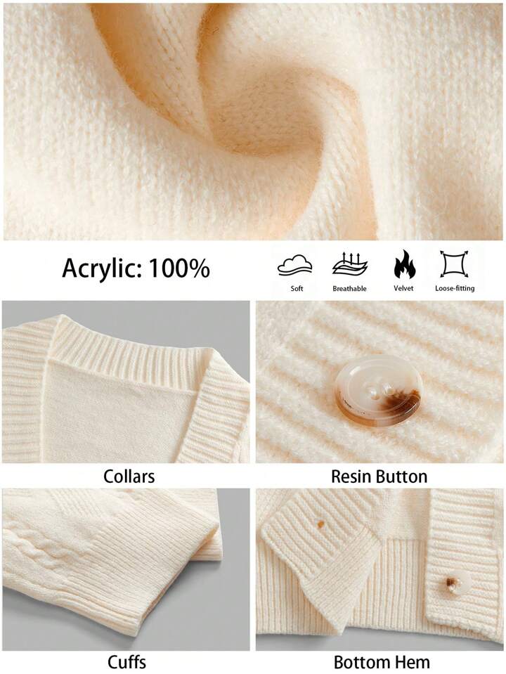 CM-CS539199 Women Casual Seoul Style V-Neck Drop Shoulder Long Sleeve Cardigan Sweater - Apricot