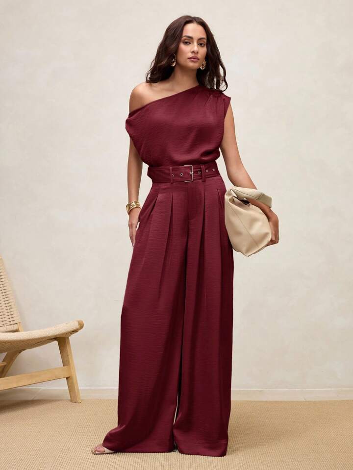 CM-BS089382 Women Casual Seoul Style High Waist Pleated Wide Leg Pants - Burgundy