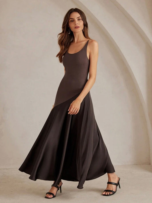 CM-DS099996 Women Elegant Seoul Style Solid Color Minimalist Spaghetti Strap Maxi A-Line Dress - Coffee