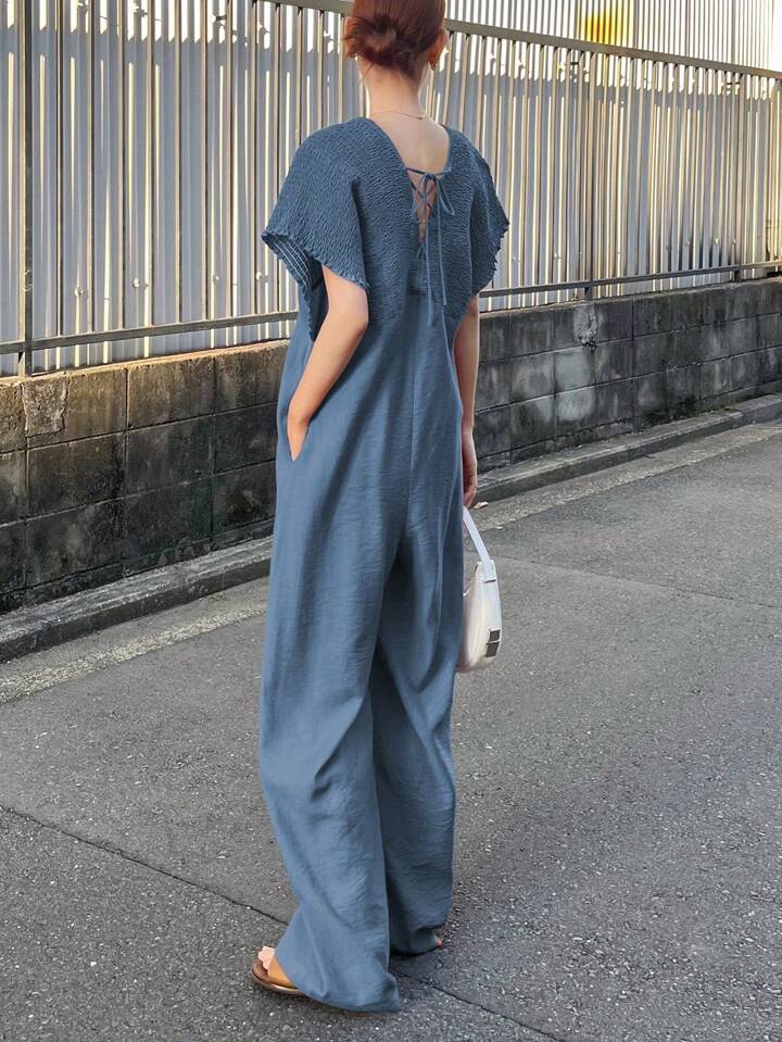 CM-JS656536 Women Trendy Bohemian Style V-Neck With Drawstring Jumpsuit Trousers - Blue