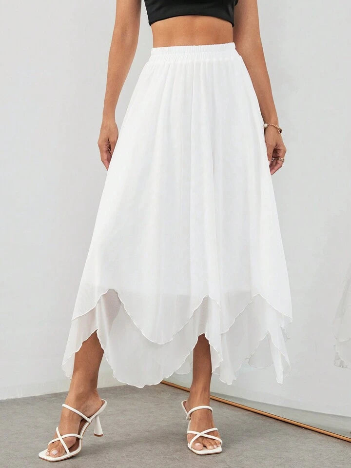 CM-BS793799 Women Trendy Bohemian Style Elastic Waist Solid Color Irregular Hem Midi Skirt