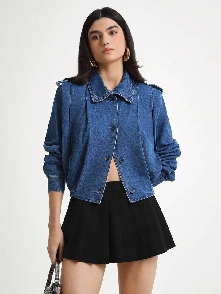 CM-TS750414 Women Elegant Seoul Style Medium Wash Collar Neckline Single-Breasted Long Sleeve Denim Blouse