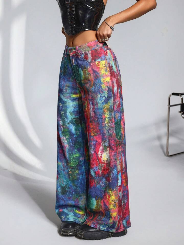 CM-BS865959 Women Casual Seoul Style Mid Waist Tie-Dye Print Extra Long Wide-Leg Jeans