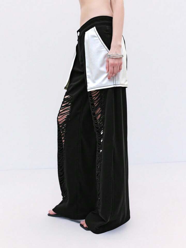 CM-BS265615 Women Casual Seoul Style Colorblock Low Waist Ripped Straight Leg Jeans - Black