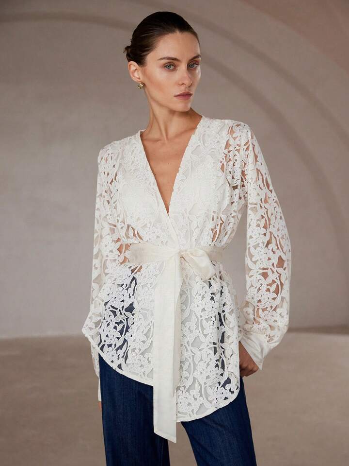 CM-TS141447 Women Elegant Seoul Style V-Neck Semi-Sheer Wrap Belted Long Sleeve Blouse