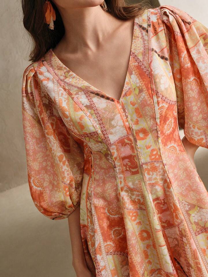 CM-DS483688 Women Trendy Bohemian Style V-Neck Paisley Floral Print Puff Sleeve Linen Short Dress