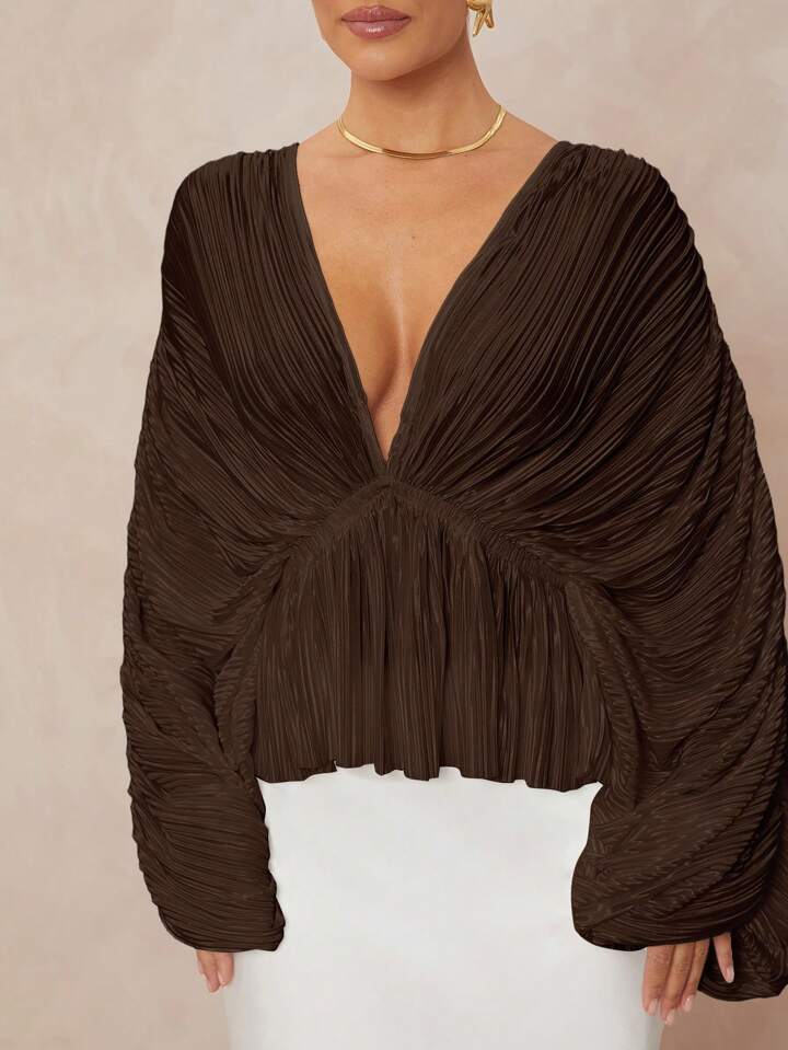 CM-TS201119 Women Elegant Seoul Style Deep V-Neck Oversized Ruffle Sleeves Loose Blouse - Brown