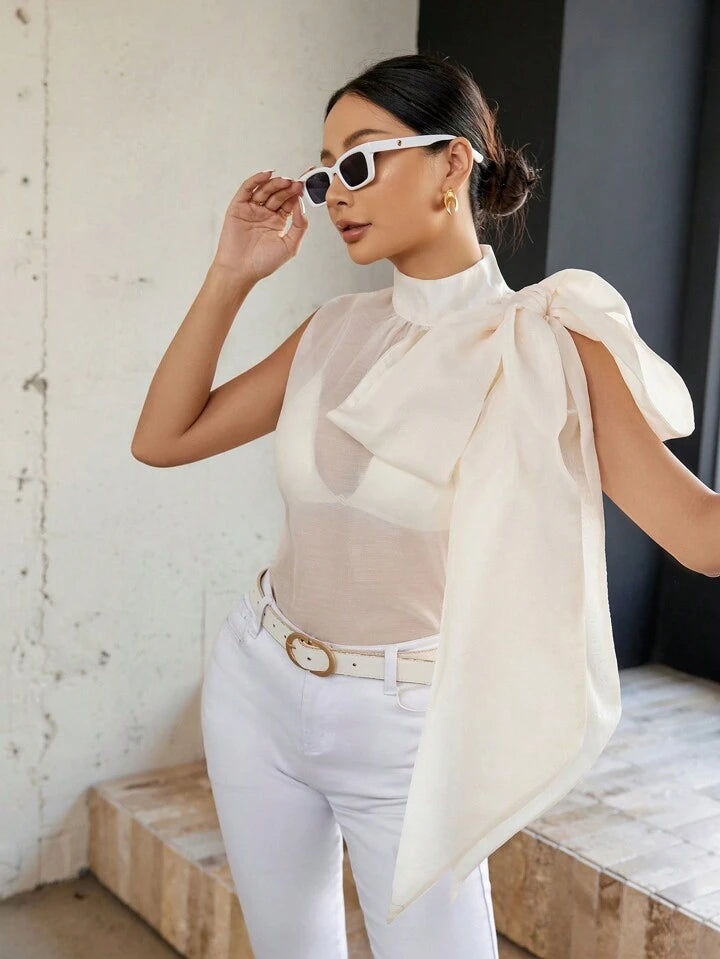 CM-TS509959 Women Casual Seoul Style Stand Collar Tie Front Sleeveless Shirt - Beige