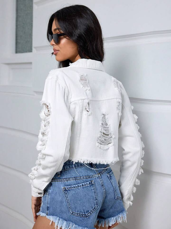 CM-CS687044 Women Casual Seoul Style Distressed Long Sleeve Crop Denim Jacket - White