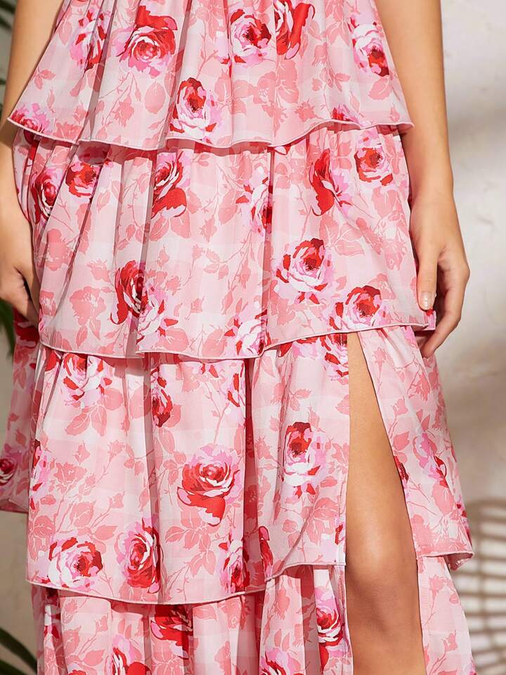 CM-DS071709 Women Elegant Seoul Style Floral Layered Ruffle Split High Waist Dress