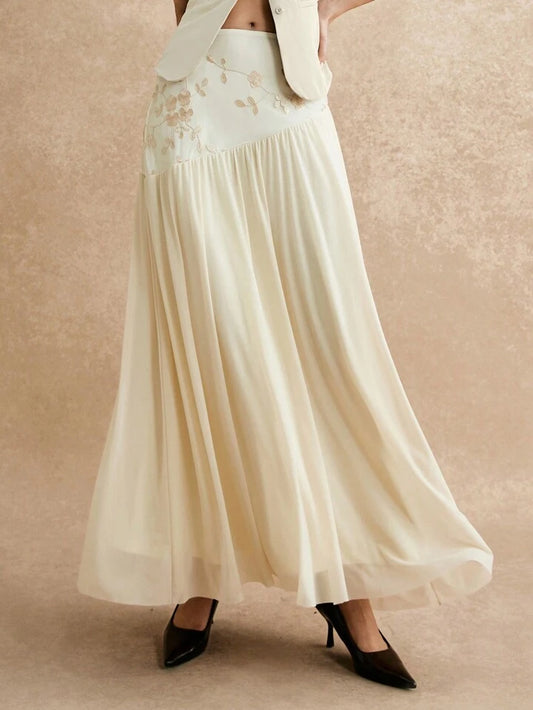 CM-BS131274 Women Elegant Seoul Style High Waist Floral Embroidery Pleated A-Line Skirt - Apricot