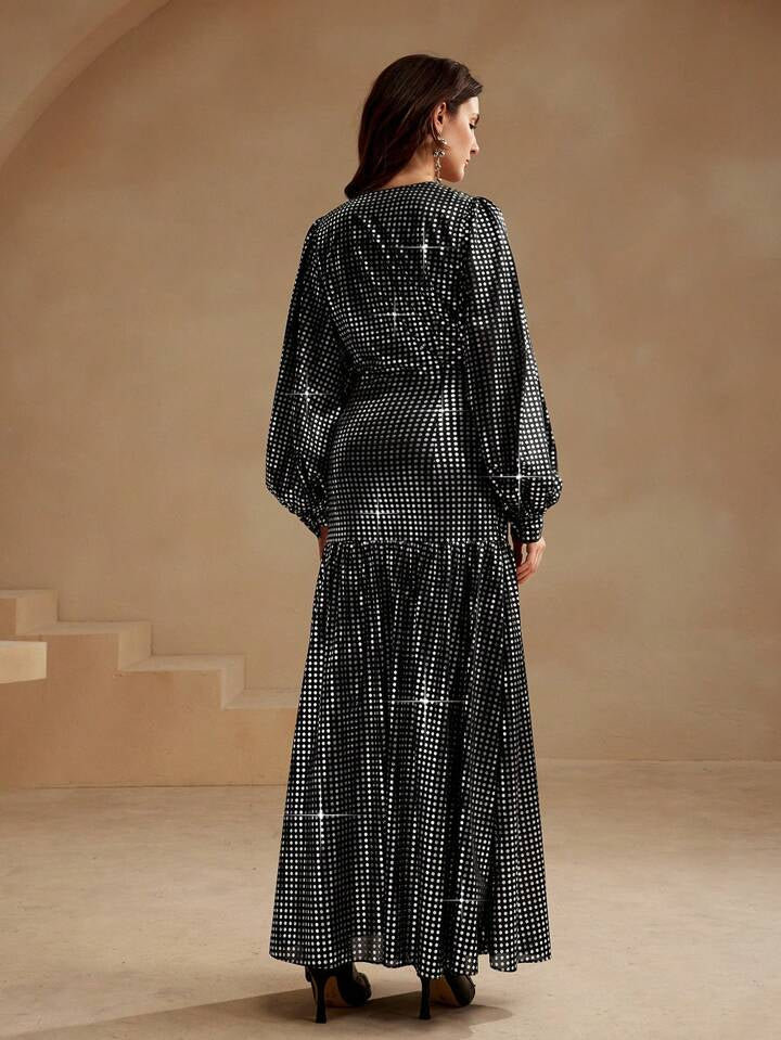 CM-DS106765 Women Elegant European Style V-Neck Long Sleeve High Waist A-Line Maxi Dress - Black