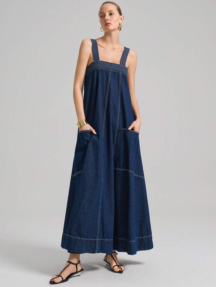 CM-DS471843 Women Casual Seoul Style Dark Wash Thick Strap Backless Loose Denim Dress